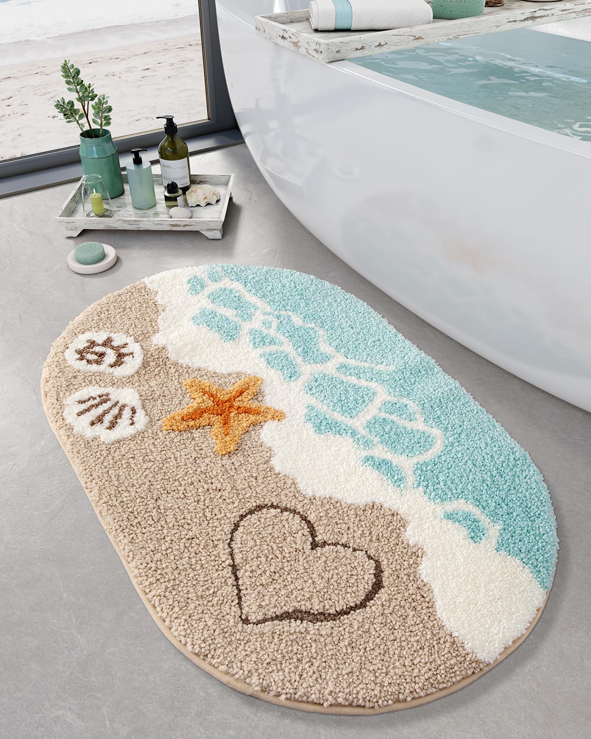 LUMI Beach Bathroom Rugs, Soft and Absorbent Beach Rug, Non-Slip Backing, Ideal for Bathroom, Kitchen and Entryway Decor, Sea Beach Starfish Shell Bath Decor