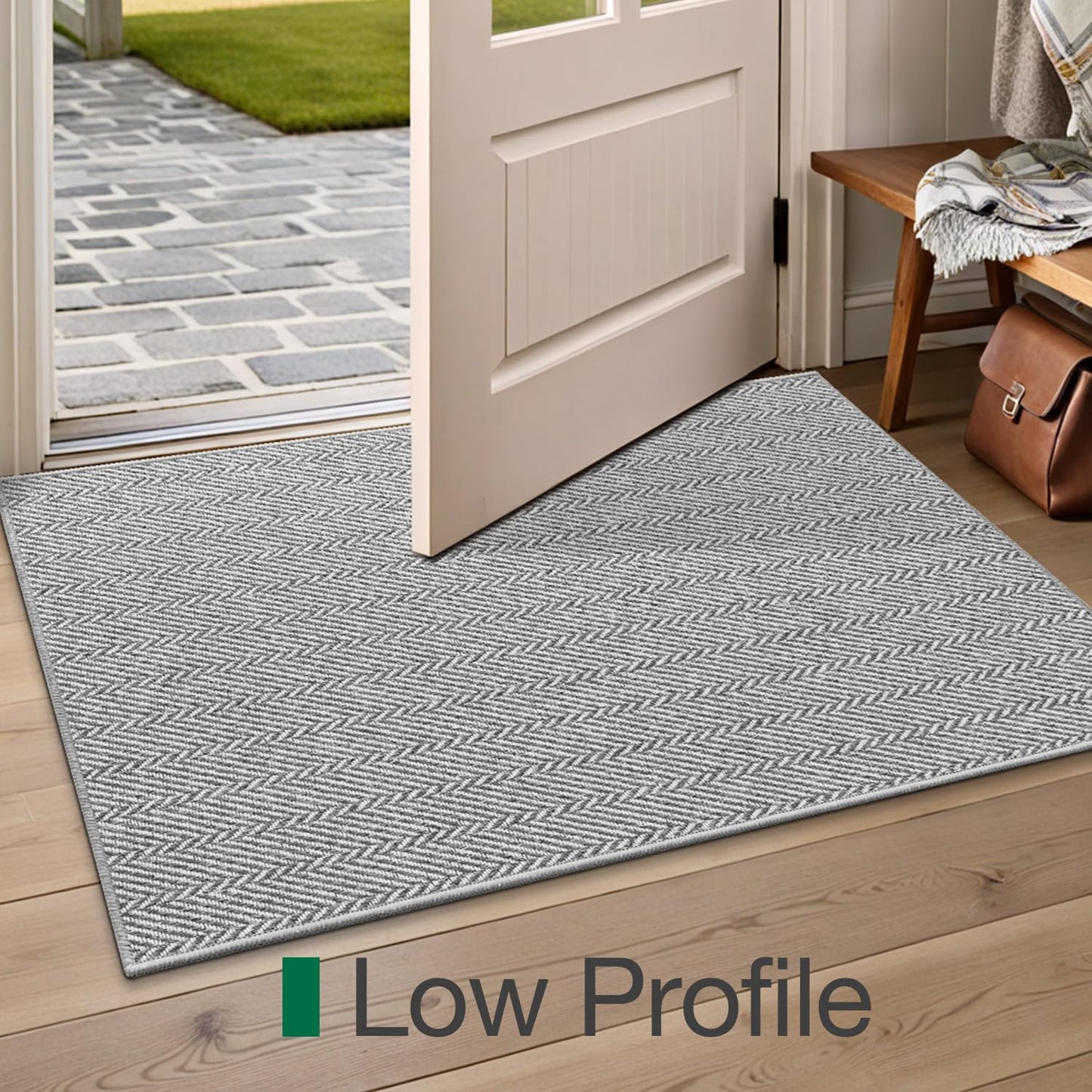 LUMI Ultra Thin Indoor Door Mat, Non Slip Entryway Mat, Low Profile Doormat, Unique Herringbone Design Carpet for Inside, Patio, Porch, Gray
