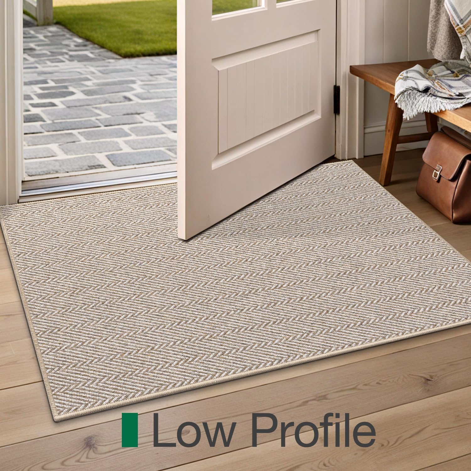LUMI Ultra Thin Indoor Door Mat, Non Slip Entryway Mat, Low Profile Doormat, Unique Herringbone Design Carpet for Inside, Patio, Porch, Beige