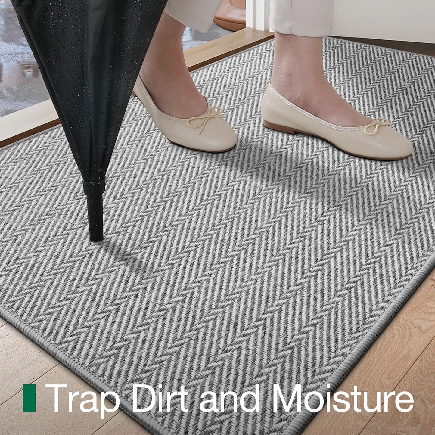 LUMI Ultra Thin Indoor Door Mat, Non Slip Entryway Mat, Low Profile Doormat, Unique Herringbone Design Carpet for Inside, Patio, Porch, Gray