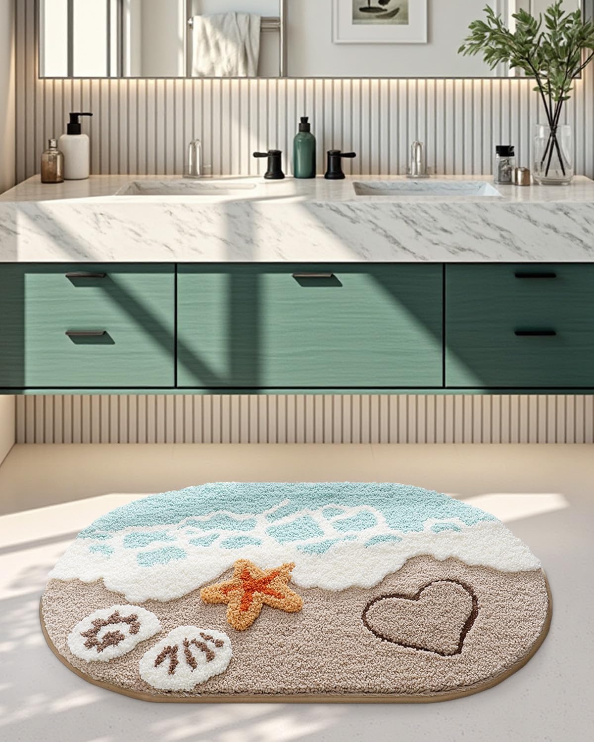 LUMI Beach Bathroom Rugs, Soft and Absorbent Beach Rug, Non-Slip Backing, Ideal for Bathroom, Kitchen and Entryway Decor, Sea Beach Starfish Shell Bath Decor