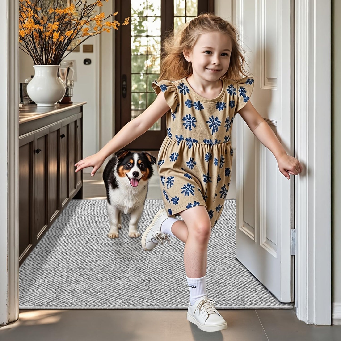 LUMI Ultra Thin Indoor Door Mat, Non Slip Entryway Mat, Low Profile Doormat, Unique Herringbone Design Carpet for Inside, Patio, Porch, Gray