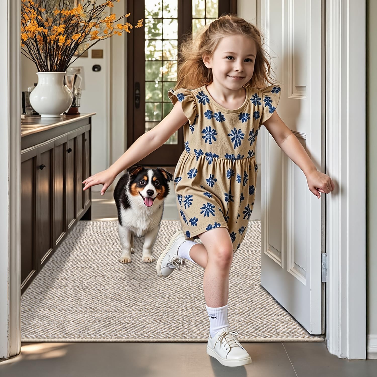 LUMI Ultra Thin Indoor Door Mat, Non Slip Entryway Mat, Low Profile Doormat, Unique Herringbone Design Carpet for Inside, Patio, Porch, Beige
