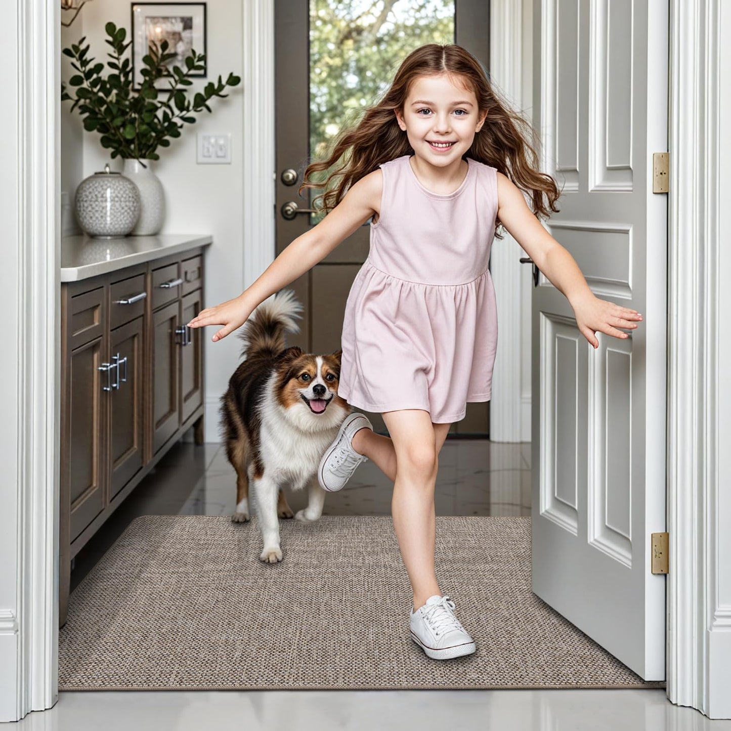 LUMI Ultra Thin Entryway Door Mat, Low Profile Non Slip Rubber Backing, Easy Clean, Beige, for Indoor/Patio
