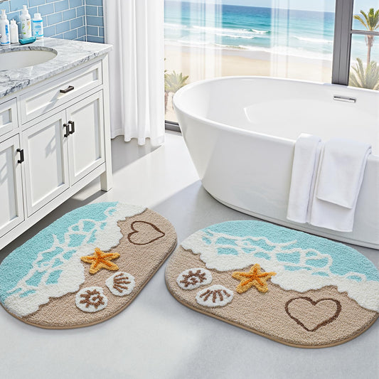 LUMI Beach Bathroom Rugs, Non Slip Bath Mat Ultra Soft Washable Absorbent Quick Dry, Ocean Sea Theme Bath Rug with Starfish Shell for Shower Floor.