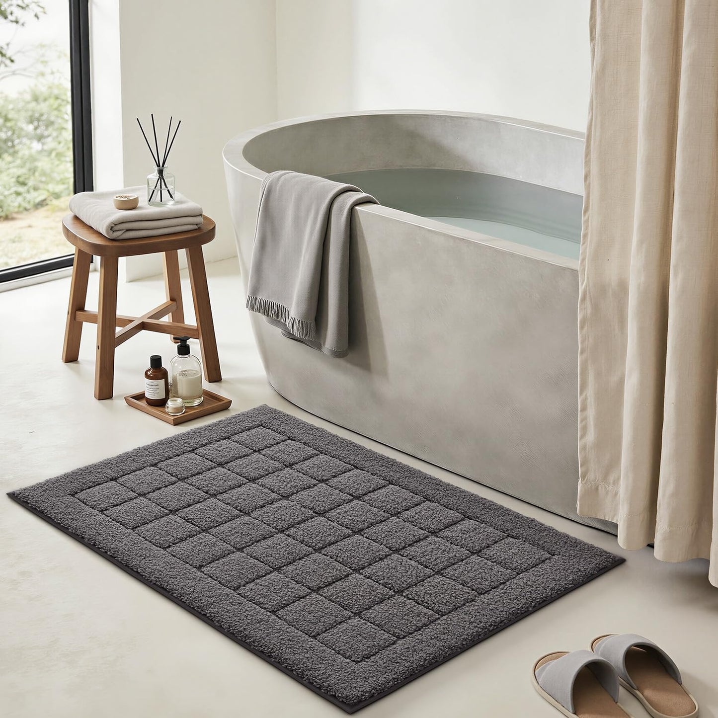 LUMI Modern Bathroom Rug, Serene Grid Series.