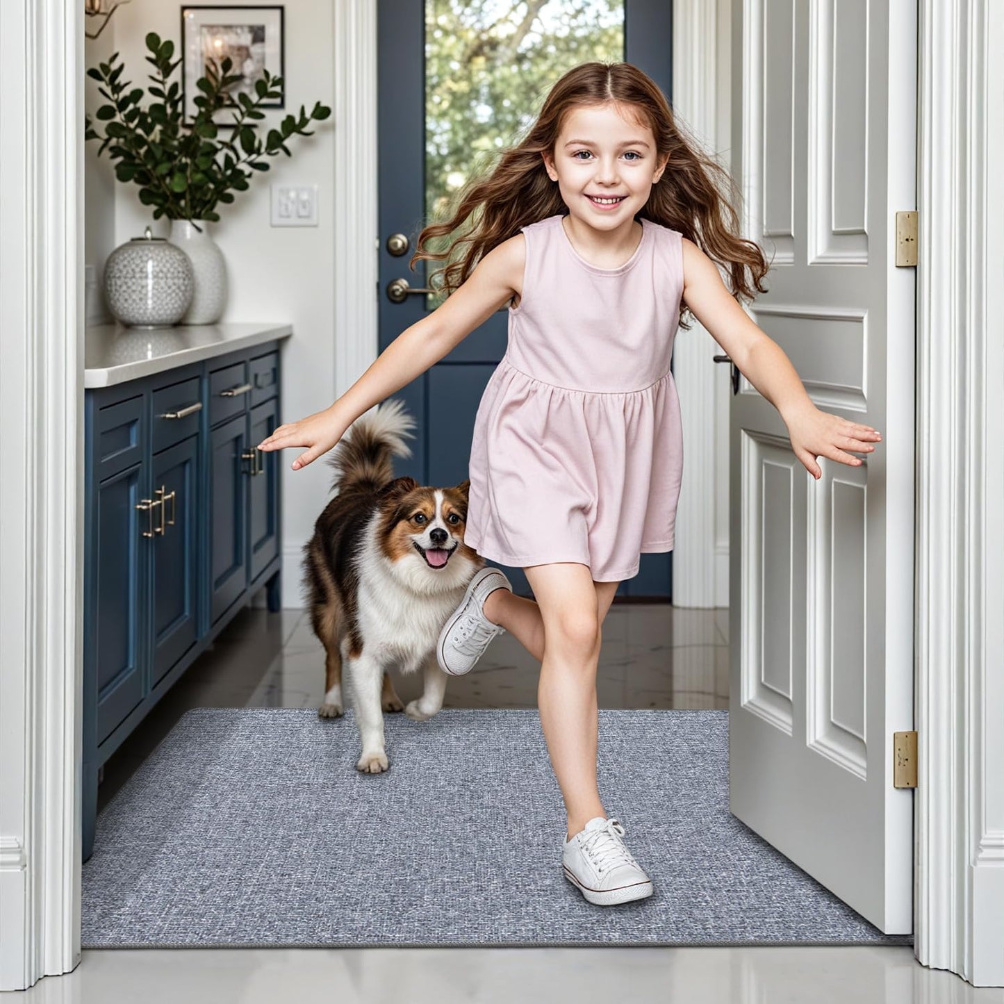 LUMI Ultra Thin Entryway Door Mat, Low Profile Non Slip Rubber Backing, Easy Clean, Grey, for Indoor/Patio