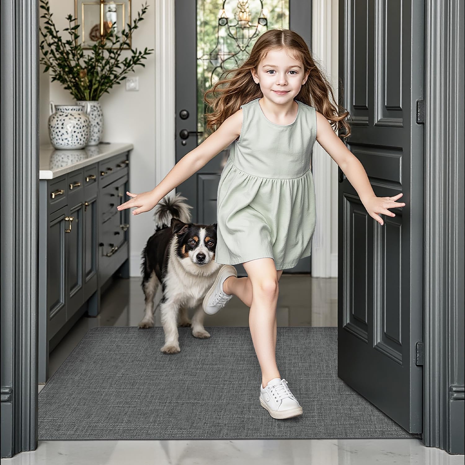 LUMI Ultra Thin Entryway Door Mat, Low Profile Non Slip Rubber Backing, Easy Clean, Greenish Grey, for Indoor/Patio