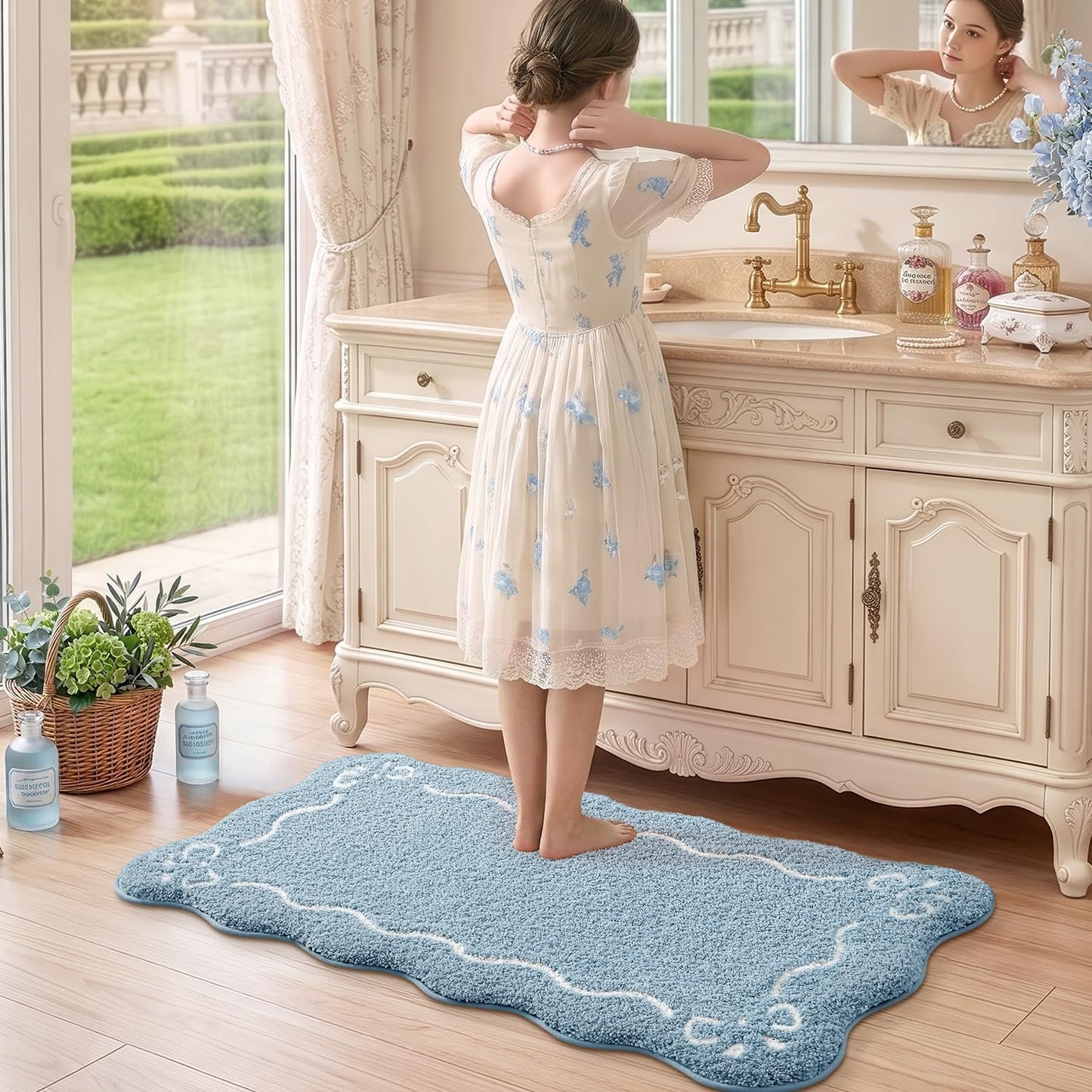 LUMI Scalloped Bathroom Rug, Cute Plush Microfiber Bath Mat, Super Absorbent & Quick Dry Shower Mat, Machine Washable Floor Carpet for Tub