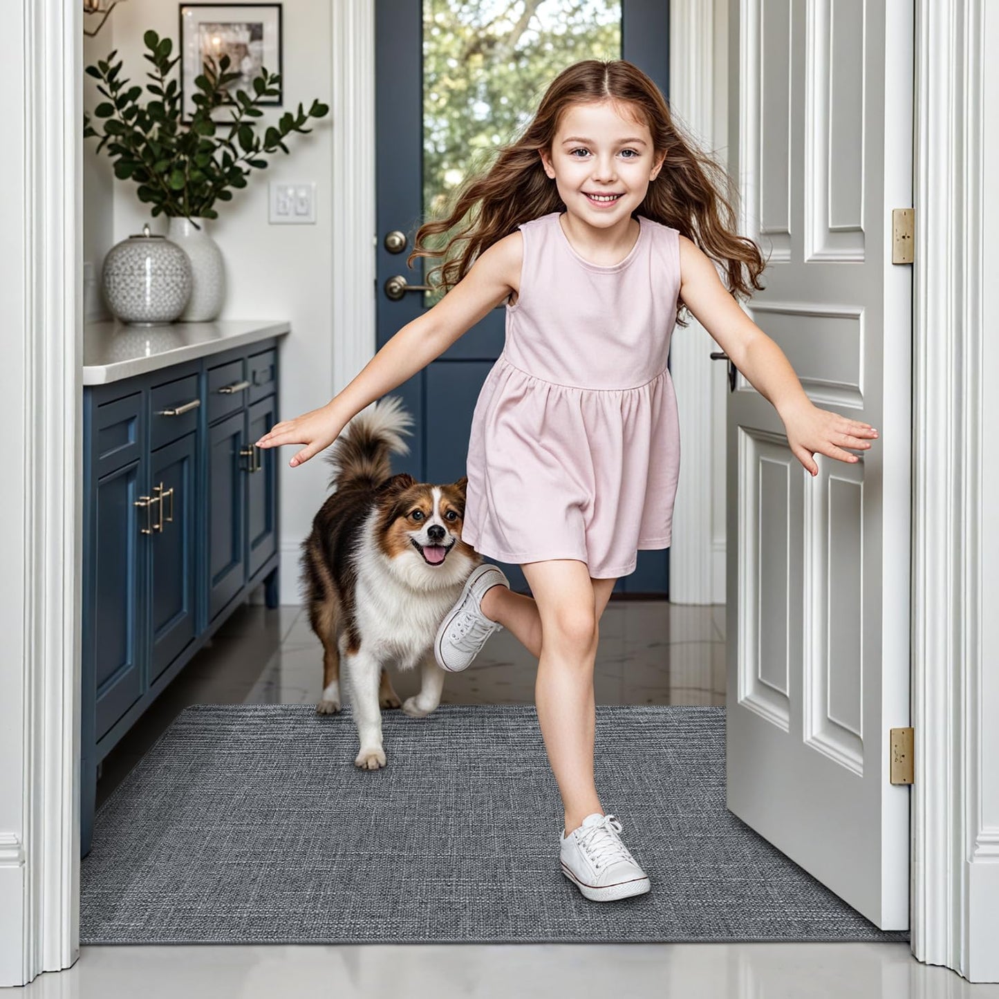 LUMI Ultra Thin Entryway Door Mat, Low Profile Non Slip Rubber Backing, Easy Clean, Dark Grey, for Indoor/Patio