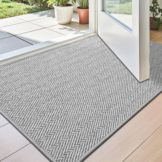 LUMI Ultra Thin Indoor Door Mat, Non Slip Entryway Mat, Low Profile Doormat, Unique Herringbone Design Carpet for Inside, Patio, Porch, Gray