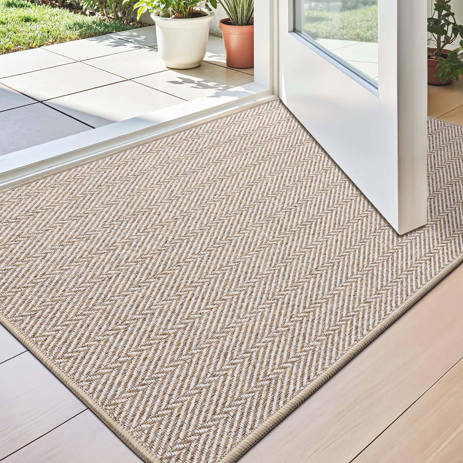 LUMI Ultra Thin Indoor Door Mat, Non Slip Entryway Mat, Low Profile Doormat, Unique Herringbone Design Carpet for Inside, Patio, Porch, Beige