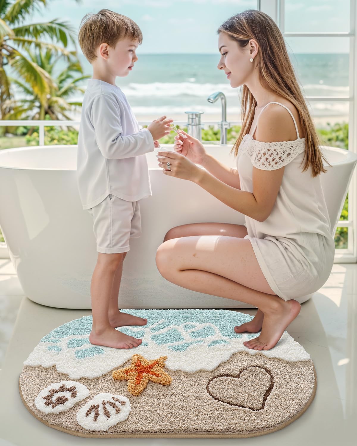 LUMI Beach Bathroom Rugs, Soft and Absorbent Beach Rug, Non-Slip Backing, Ideal for Bathroom, Kitchen and Entryway Decor, Sea Beach Starfish Shell Bath Decor