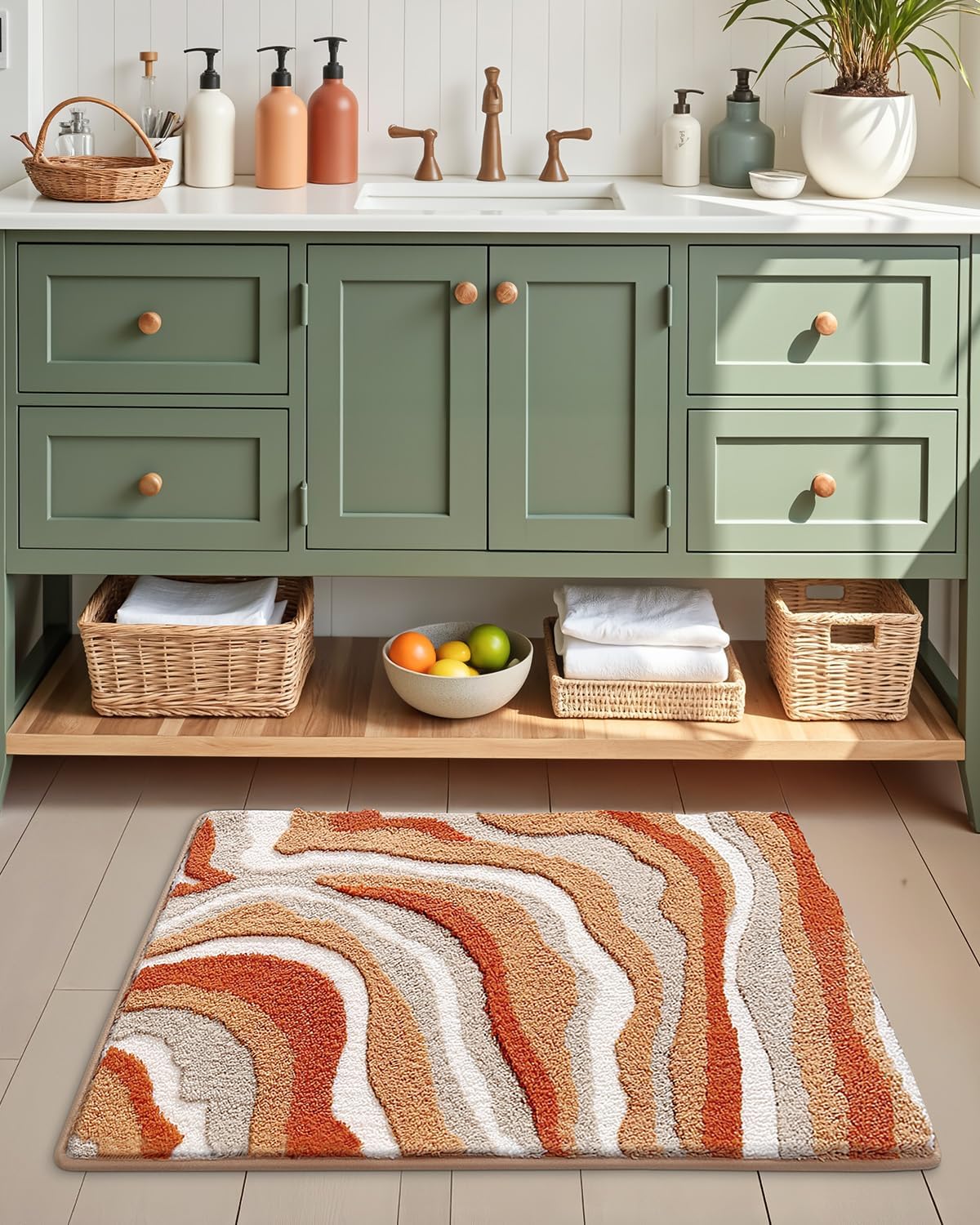 LUMI Absorbent Bathroom Rug Non Slip Rubber Backing, Machine Washable Wave Bath Mat Soft Premium Microfiber, Beach Bath Rugs Quick Dry for Bathtub and Shower Floor