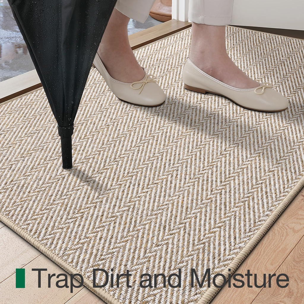 LUMI Ultra Thin Indoor Door Mat, Non Slip Entryway Mat, Low Profile Doormat, Unique Herringbone Design Carpet for Inside, Patio, Porch, Beige