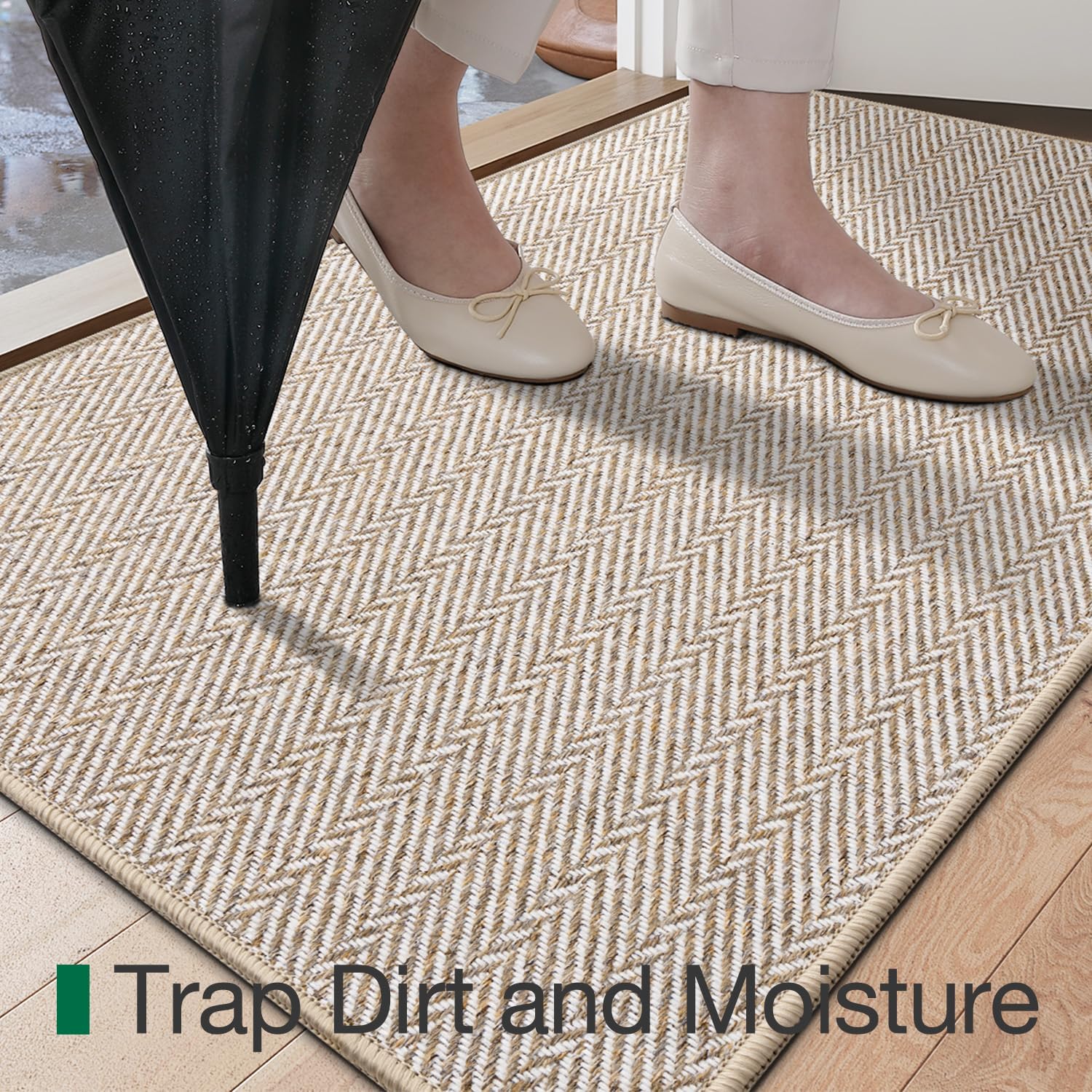 LUMI Ultra Thin Indoor Door Mat, Non Slip Entryway Mat, Low Profile Doormat, Unique Herringbone Design Carpet for Inside, Patio, Porch, Beige