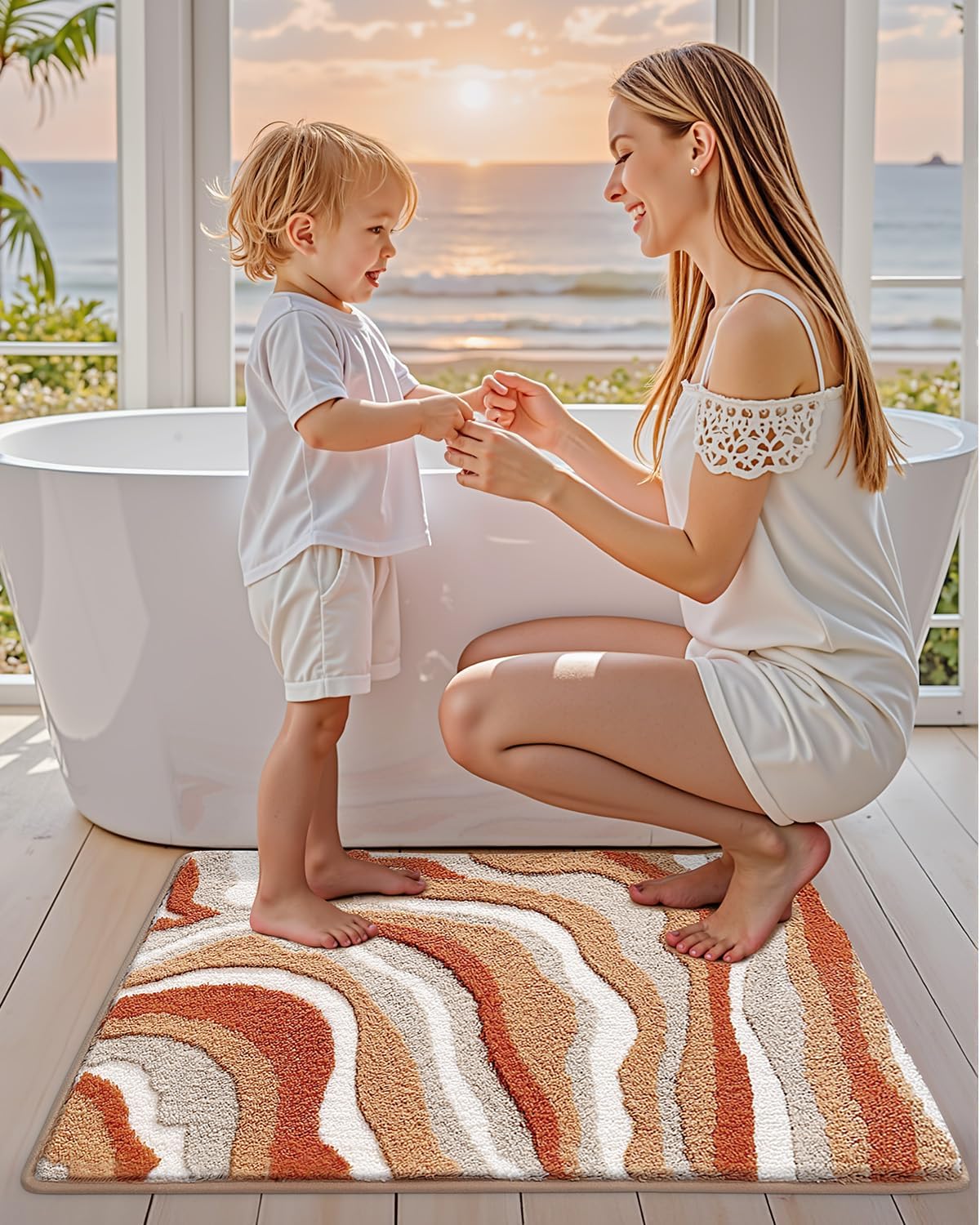 LUMI Absorbent Bathroom Rug Non Slip Rubber Backing, Machine Washable Wave Bath Mat Soft Premium Microfiber, Beach Bath Rugs Quick Dry for Bathtub and Shower Floor