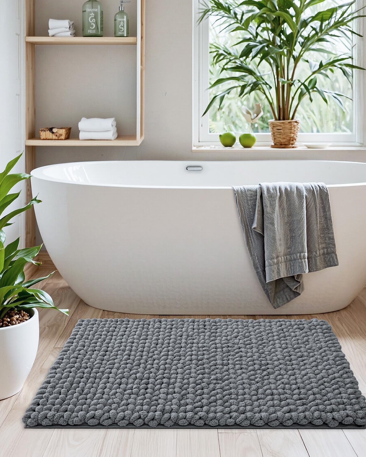LUMI Luxury Bathroom Rug, Ultra Soft Quick Dry, Non-Slip Absorbent Thick Chenille, Cozy Braid Design, Grey, for Bathtub/Sink/Laundry/Bedroom