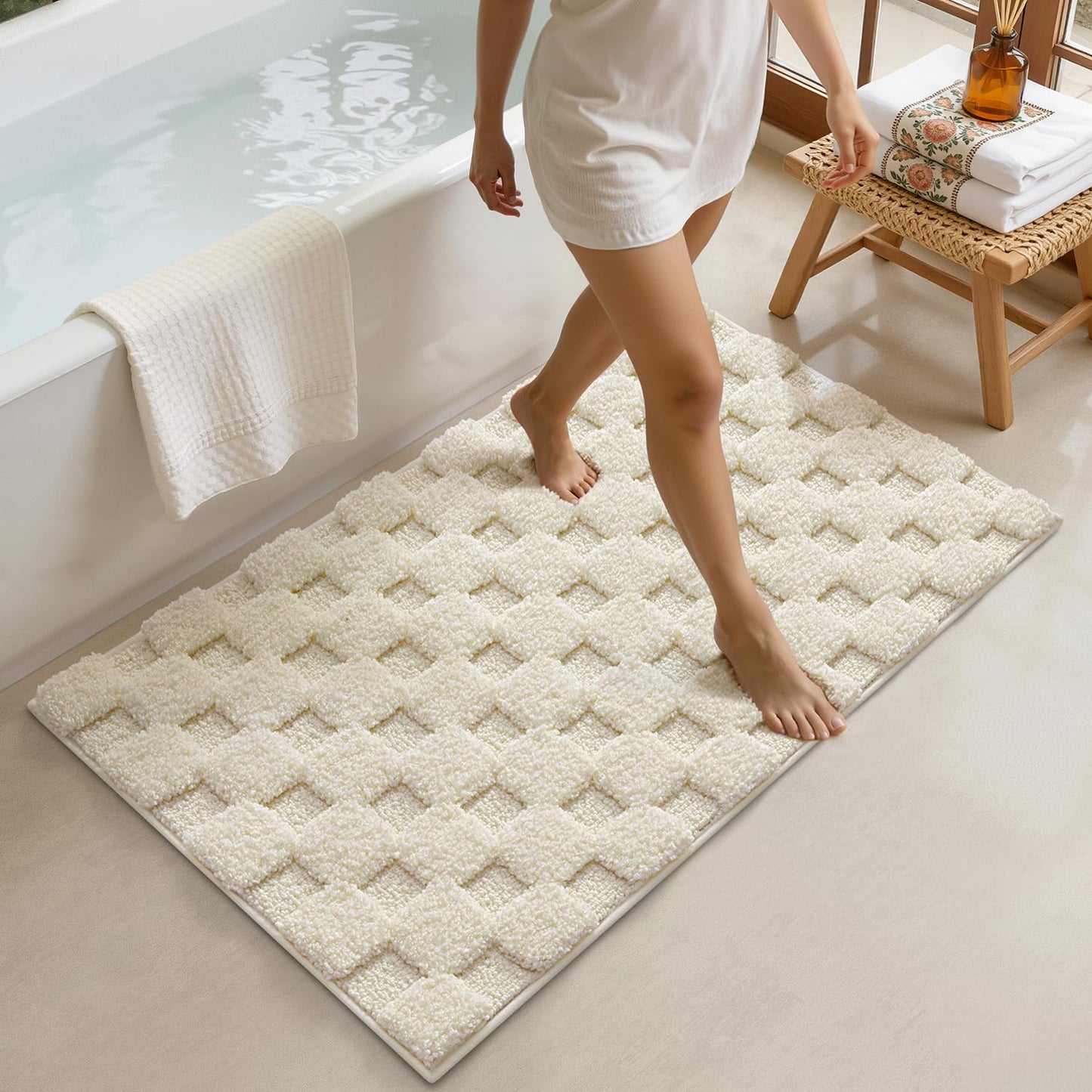 LUMI Non Slip Checkered Bathroom Rugs, Absorbent Waffle Mat, Beige, 16x24