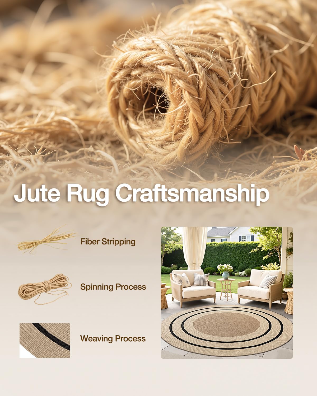 Jute Area Rug, Natural Braided Woven Rugs, Patio Circle Jute Series