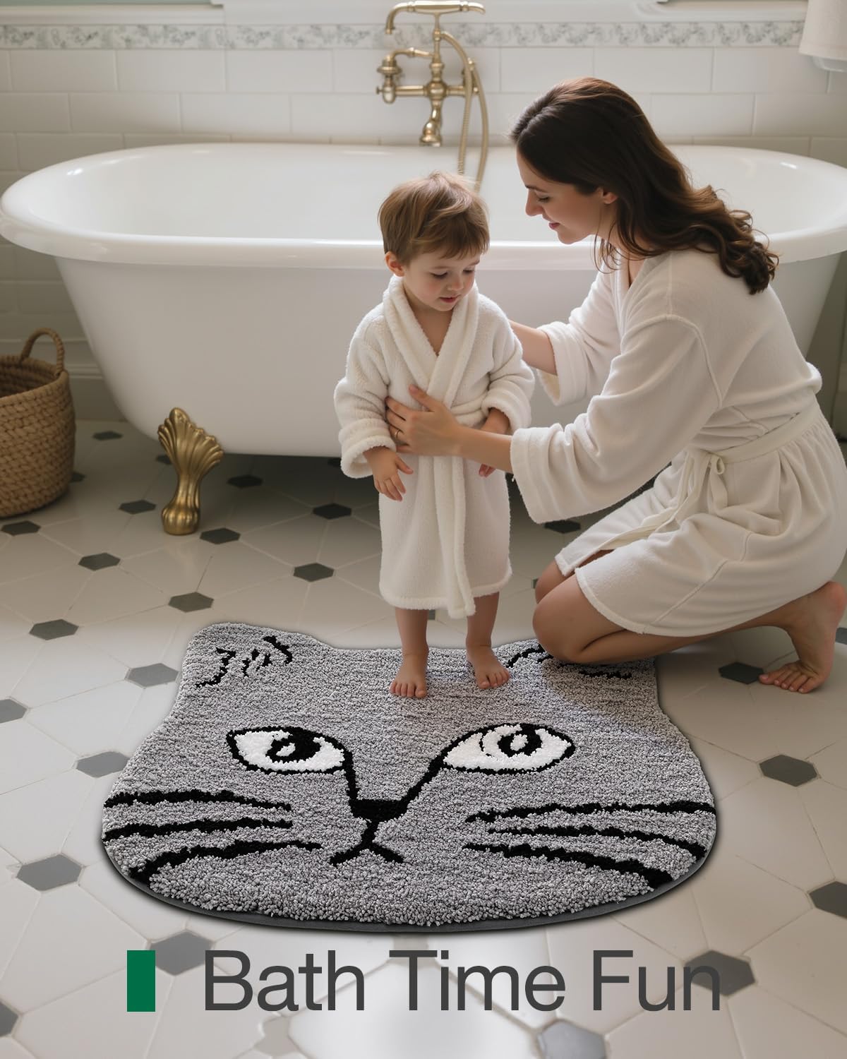 LUMI Cute Cat Bath Mat, Plush Absorbent Bath Mats for Bathroom, Non-Slip Washable Kitty Bathroom Rugs, Ideal for Kids Shower Sink Bathtub Room Decor, 23"x27", Grey Cat