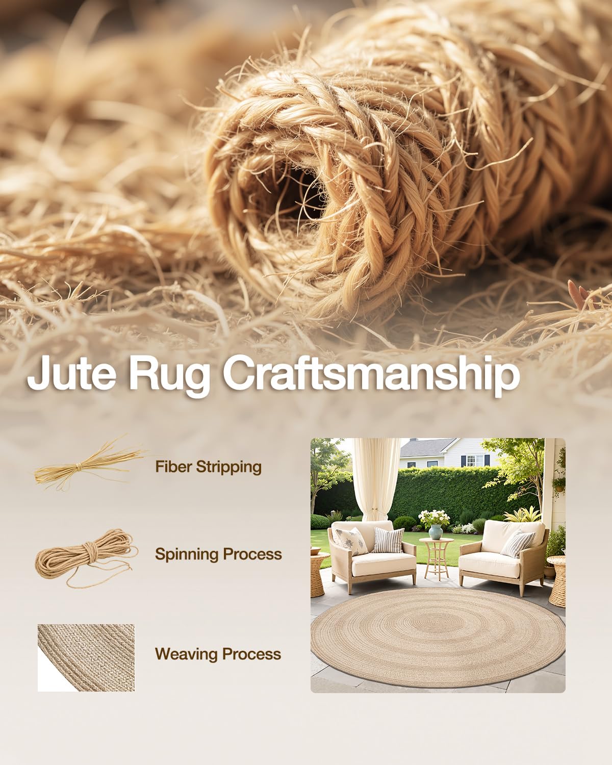 Jute Area Rug, Natural Braided Woven Rugs, Patio Circle Jute Series