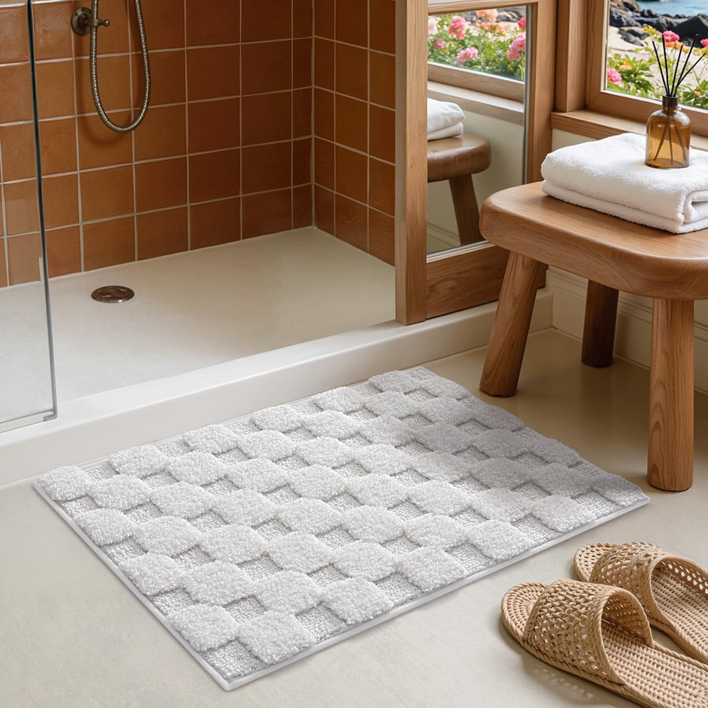 LUMI Non Slip Checkered Bathroom Rugs, Absorbent Waffle Mat, Beige, 16x24