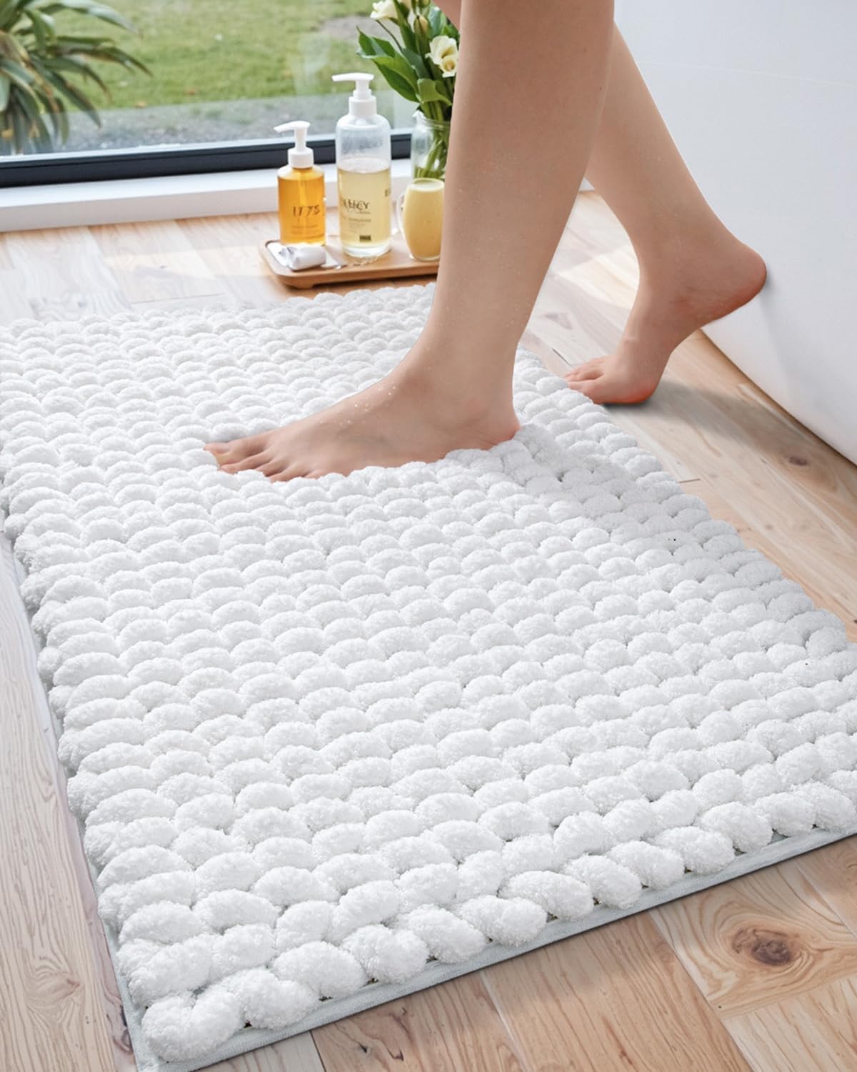LUMI Luxury Bathroom Rug, Ultra Soft Quick Dry, Non-Slip Absorbent Thick Chenille, Cozy Braid Design, White, for Bathtub/Sink/Laundry/Bedroom
