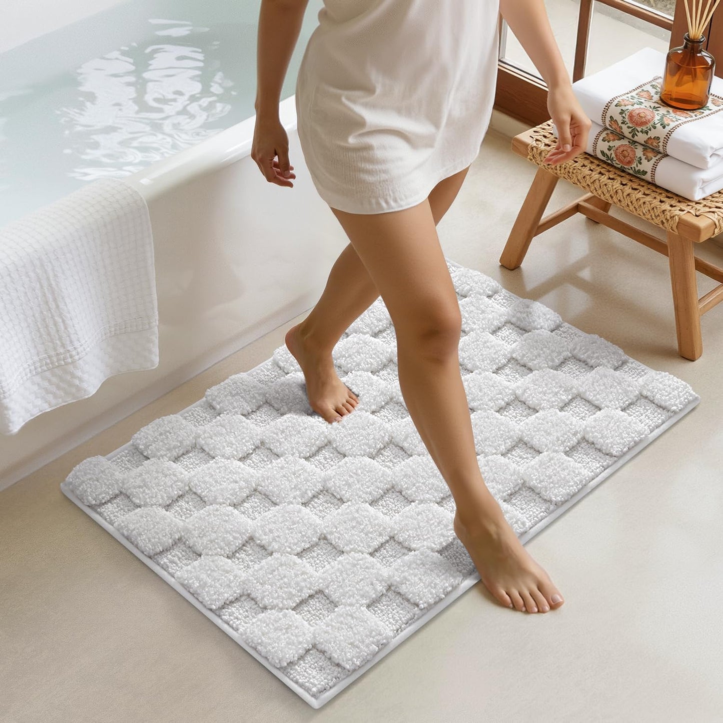 LUMI Non Slip Checkered Bathroom Rugs, Absorbent Waffle Mat, Beige, 16x24