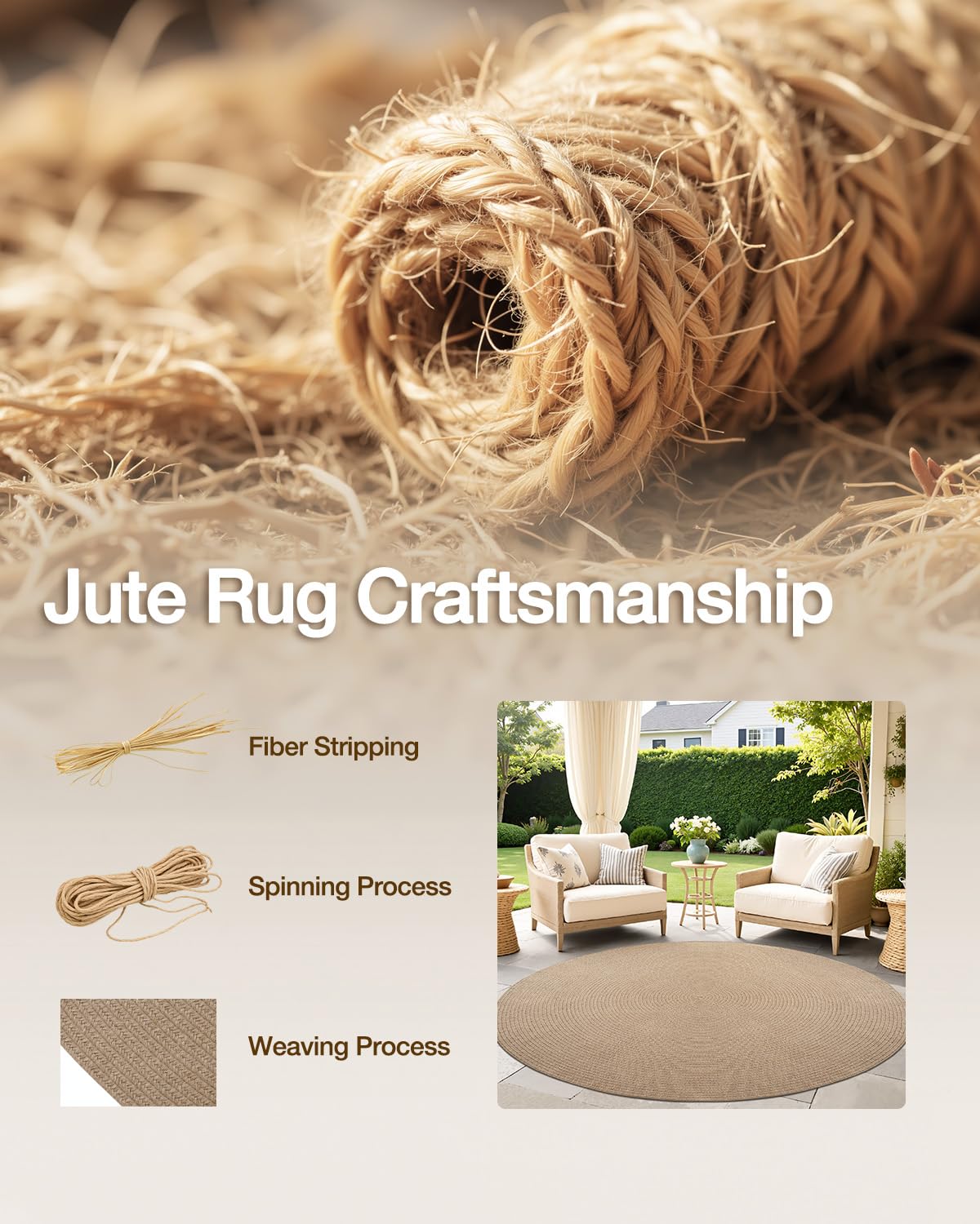 Jute Area Rug, Natural Braided Woven Rugs, Patio Circle Jute Series