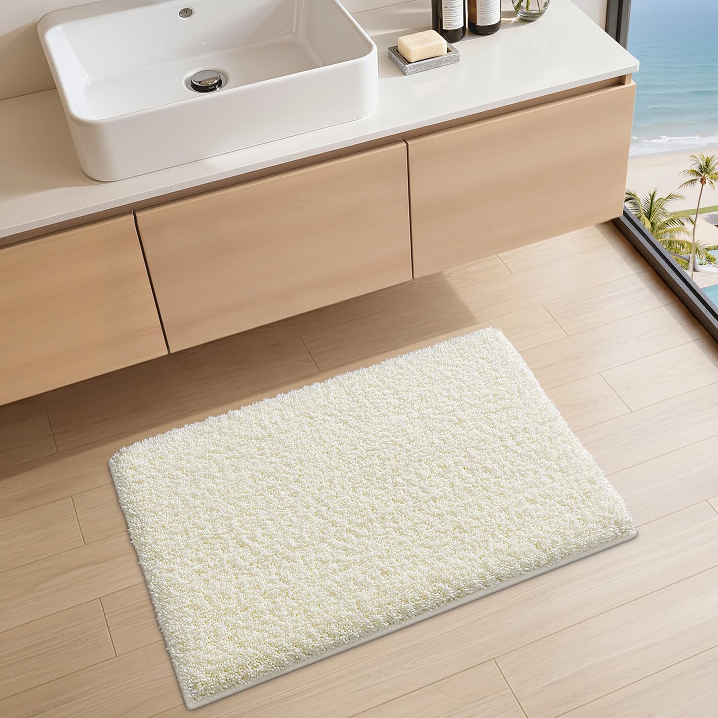 LUMI Beige Bathroom Rugs with Rubber Backing, 16x24 Absorbent Extra Thick Soft Plush Microfiber Bath Mat, Machine Washable Carpet for Bathroom Shower, Tub, Sink, Hotel