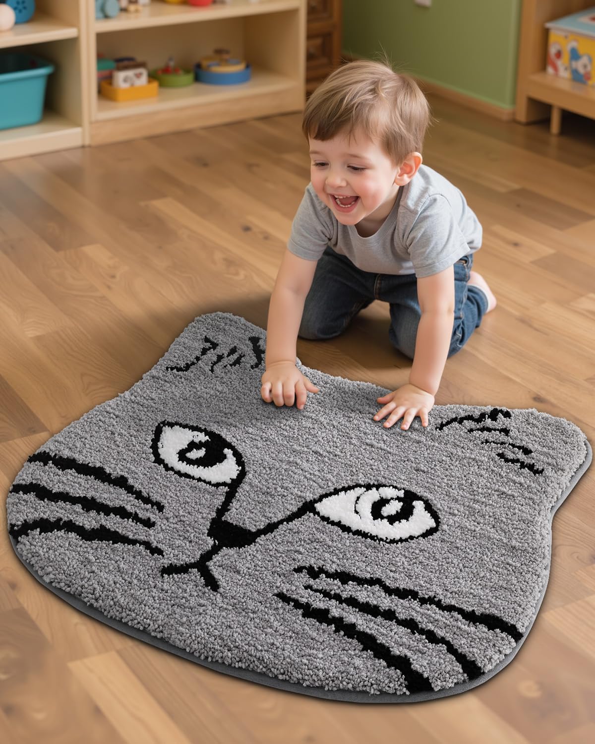 LUMI Cute Cat Bath Mat, Plush Absorbent Bath Mats for Bathroom, Non-Slip Washable Kitty Bathroom Rugs, Ideal for Kids Shower Sink Bathtub Room Decor, 23"x27", Grey Cat