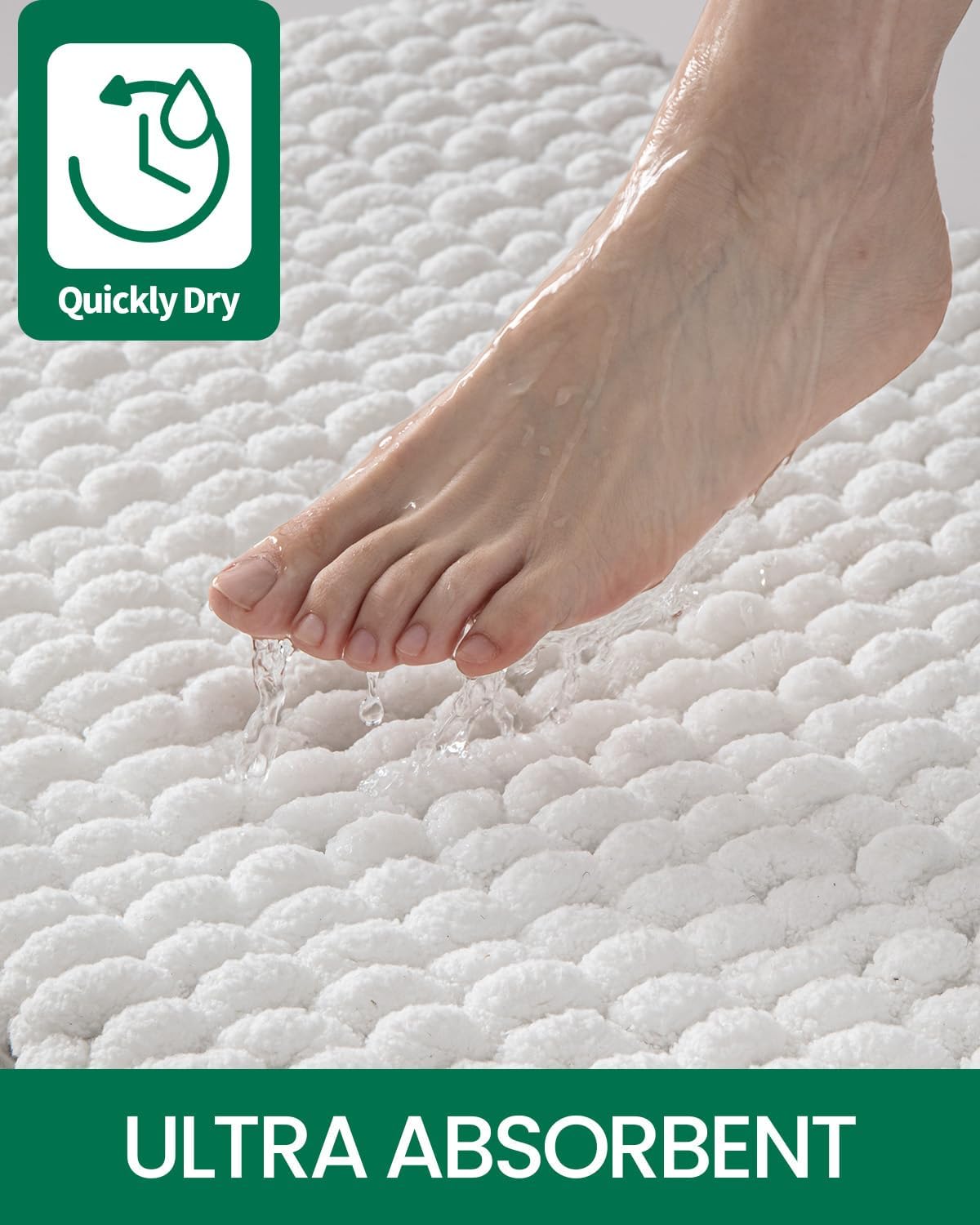 LUMI Luxury Bathroom Rug, Ultra Soft Quick Dry, Non-Slip Absorbent Thick Chenille, Cozy Braid Design, White, for Bathtub/Sink/Laundry/Bedroom