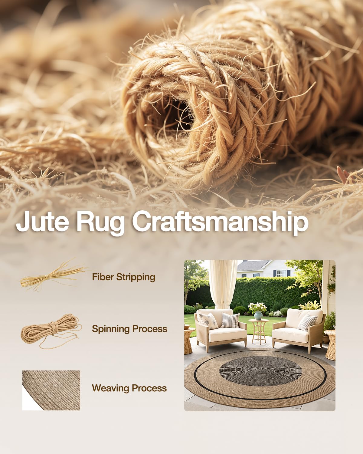 Jute Area Rug, Natural Braided Woven Rugs, Patio Circle Jute Series