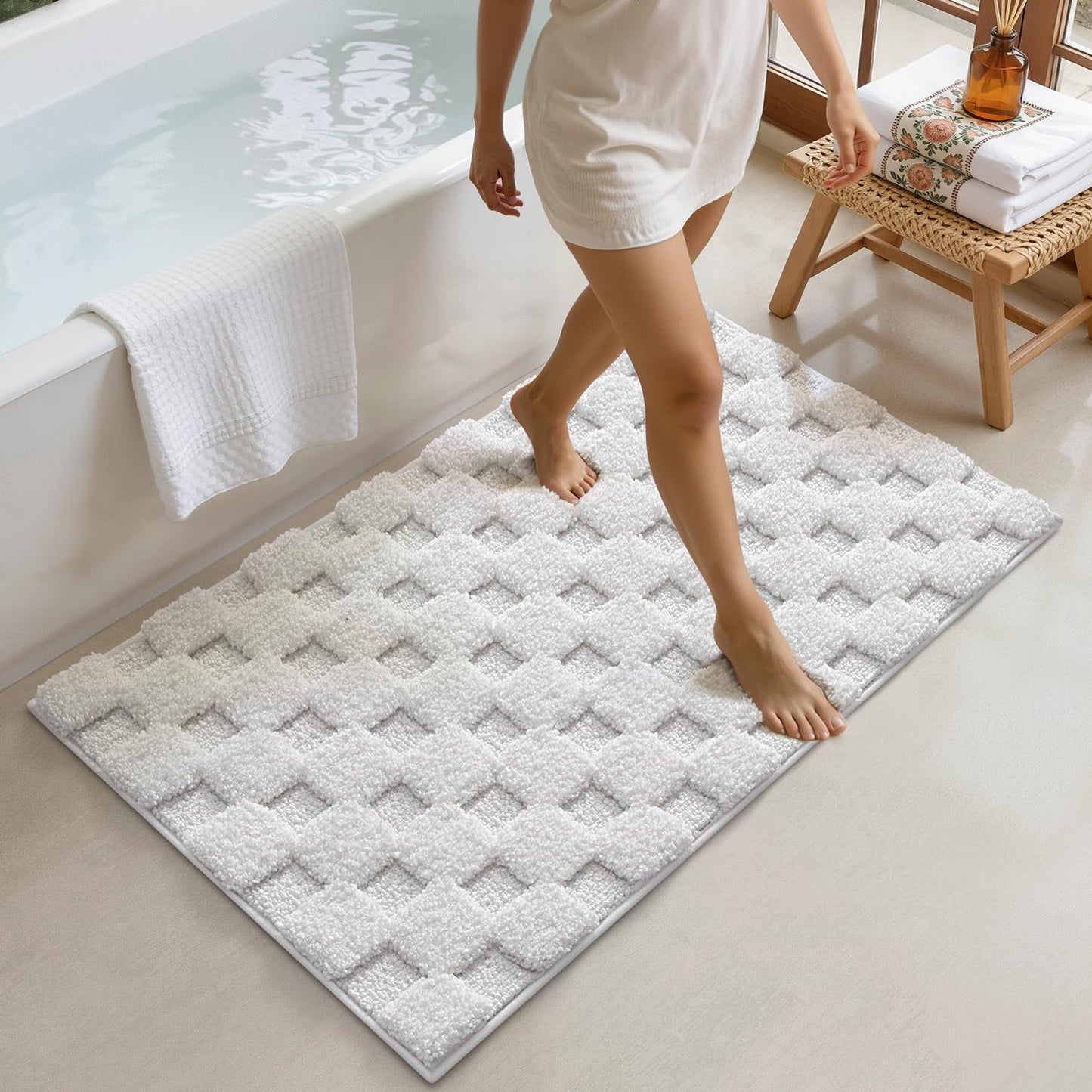 LUMI Non Slip Checkered Bathroom Rugs, Absorbent Waffle Mat, Beige, 16x24