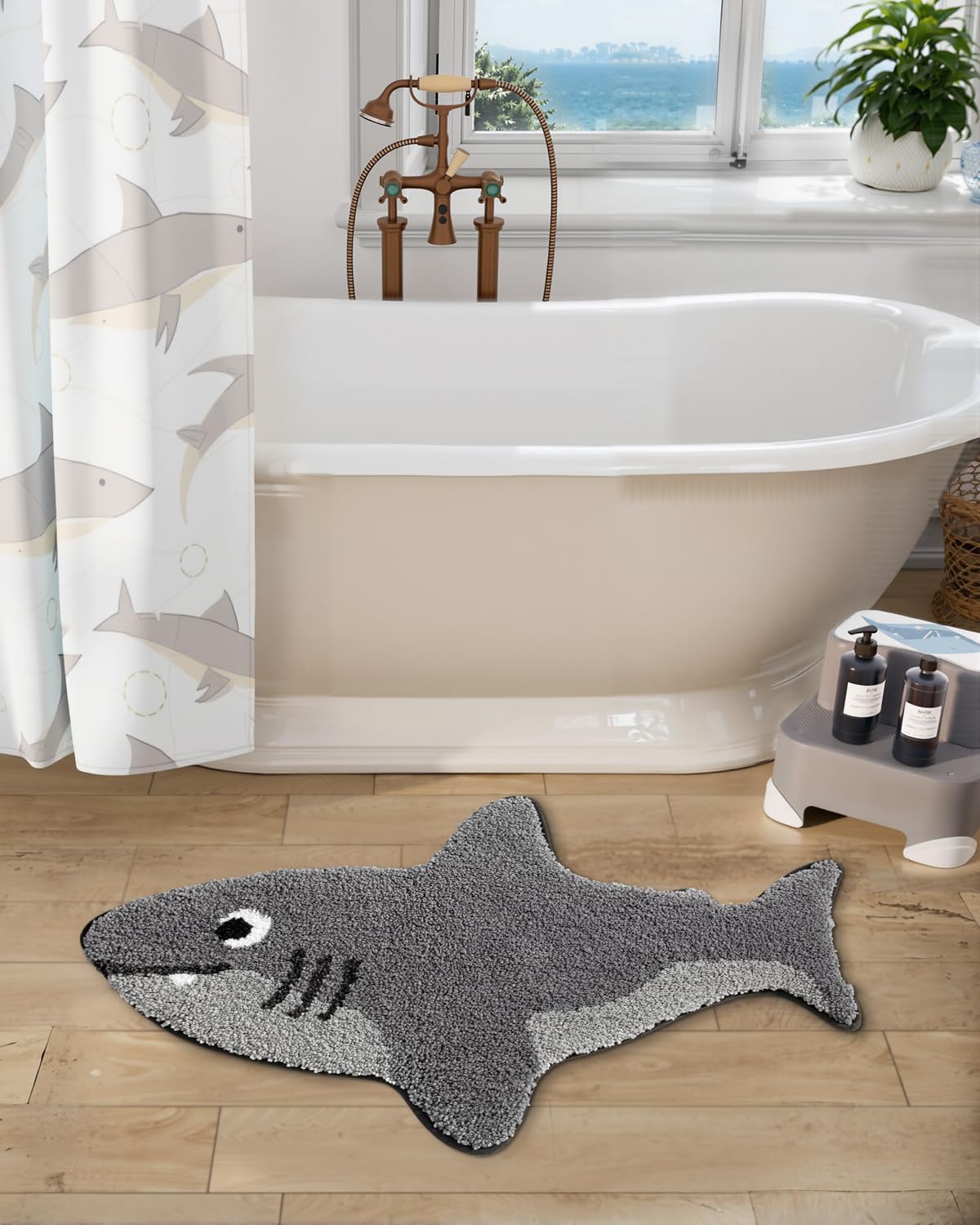 LUMI Cute Animal Bathroom Rugs, Shark Shaped Absorbent Bath Mat, Non-Slip Backing Washable Bath Mats, Ideal for Shower Sink Bathtub Room Decor, 20"x32", Shark