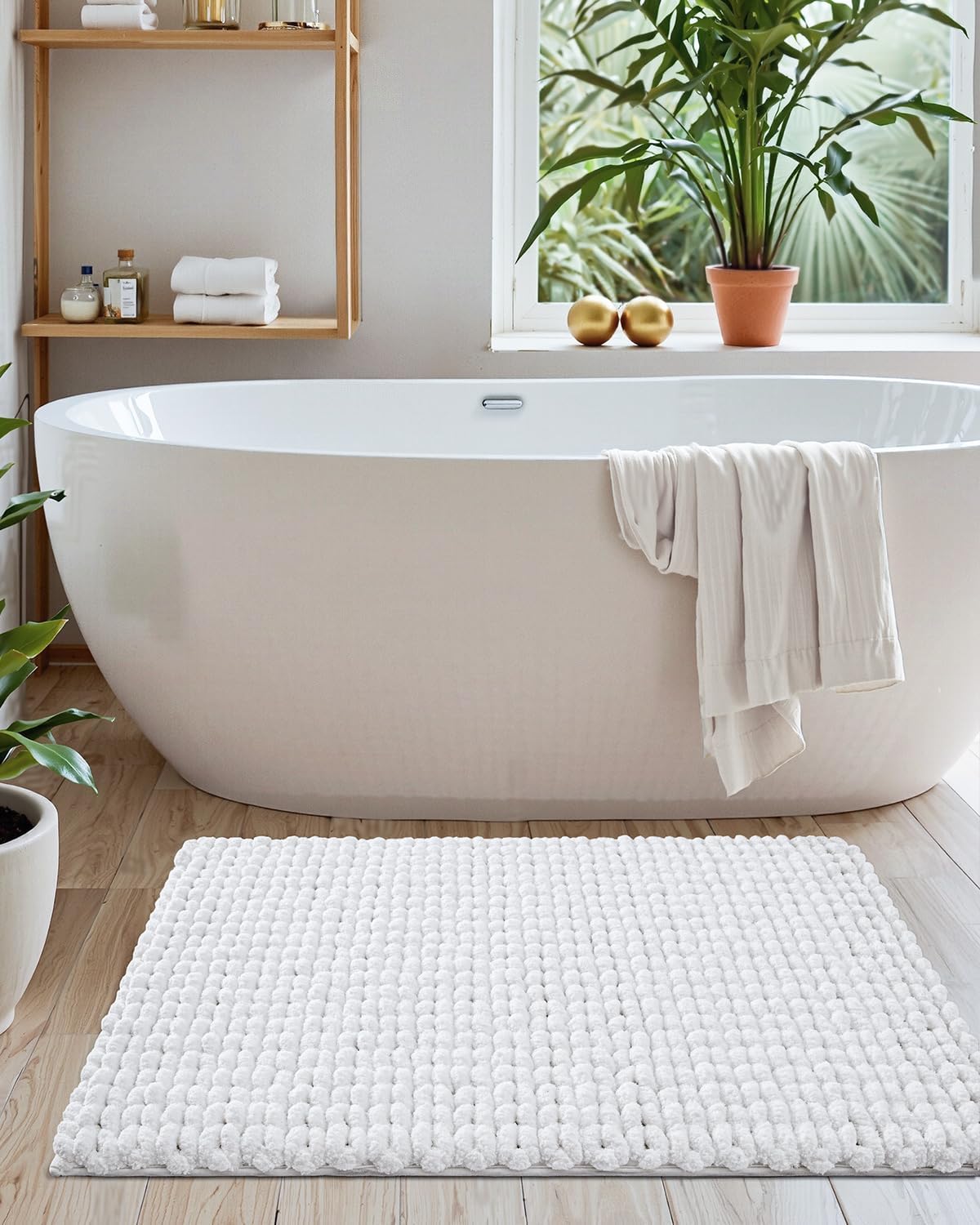 LUMI Luxury Bathroom Rug, Ultra Soft Quick Dry, Non-Slip Absorbent Thick Chenille, Cozy Braid Design, White, for Bathtub/Sink/Laundry/Bedroom