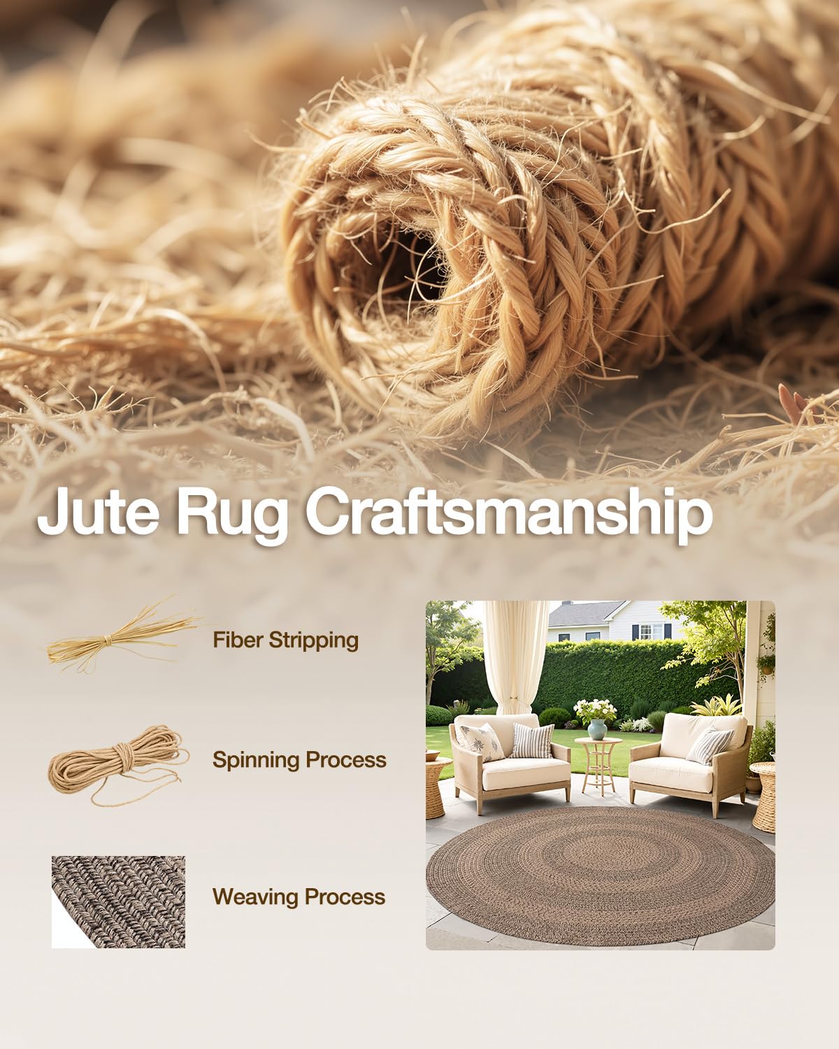 Jute Area Rug, Natural Braided Woven Rugs, Patio Circle Jute Series