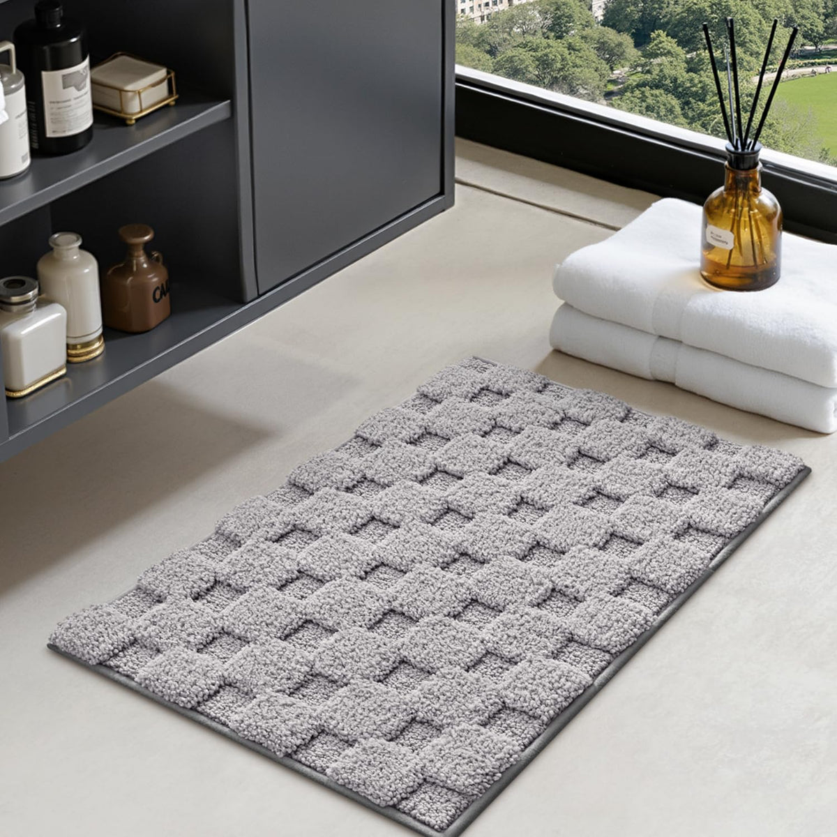 LUMI Non Slip Checkered Bathroom Rugs, Absorbent Waffle Mat, Beige, 16x24