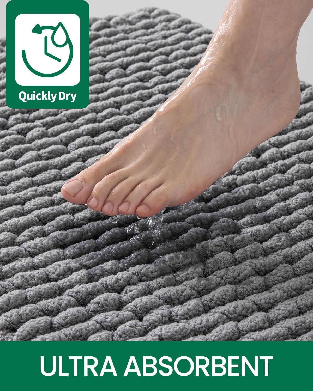 LUMI Luxury Bathroom Rug, Ultra Soft Quick Dry, Non-Slip Absorbent Thick Chenille, Cozy Braid Design, Grey, for Bathtub/Sink/Laundry/Bedroom
