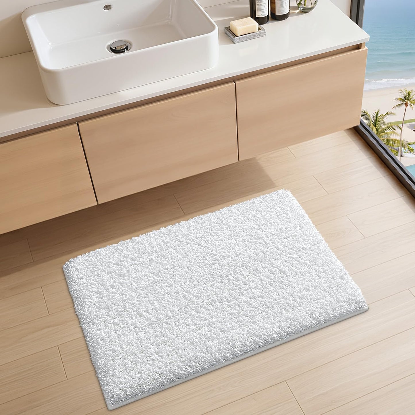 LUMI Beige Bathroom Rugs with Rubber Backing, 16x24 Absorbent Extra Thick Soft Plush Microfiber Bath Mat, Machine Washable Carpet for Bathroom Shower, Tub, Sink, Hotel