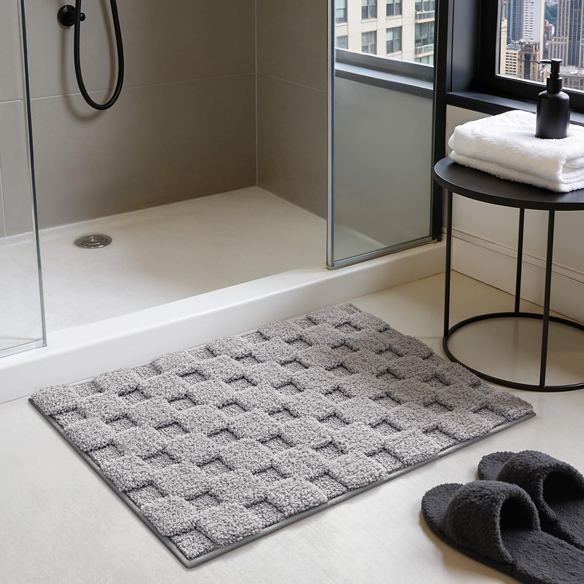 LUMI Non Slip Checkered Bathroom Rugs, Absorbent Waffle Mat, Beige, 16x24