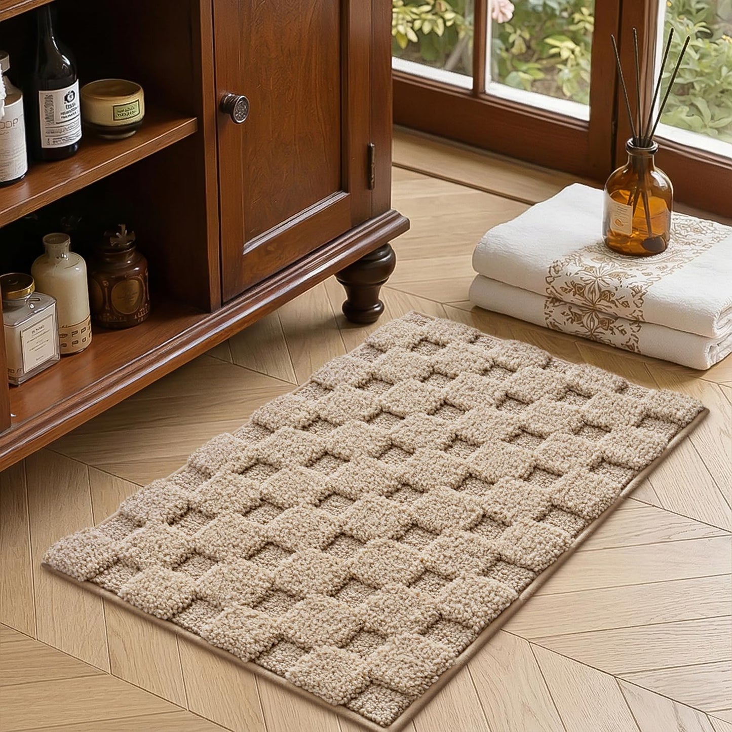 LUMI Non Slip Checkered Bathroom Rugs, Absorbent Waffle Mat, Beige, 16x24