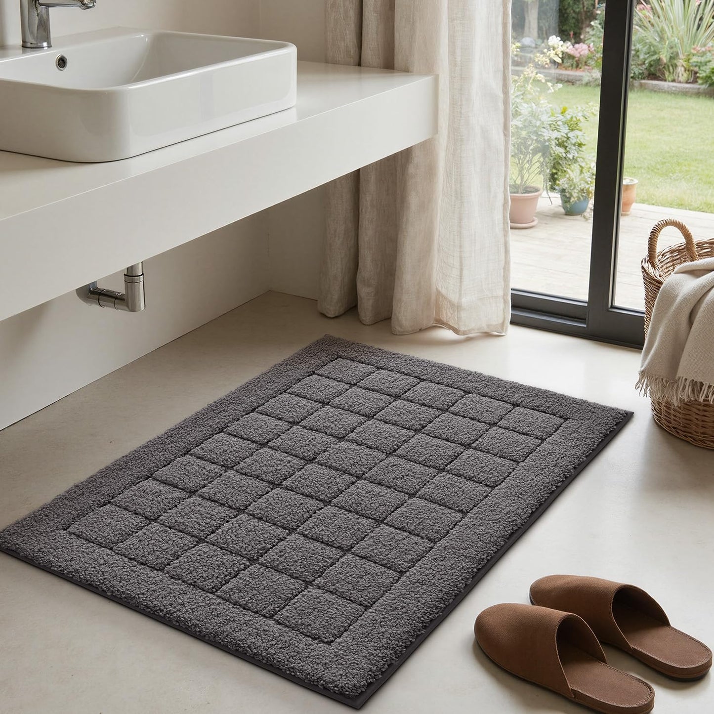 LUMI Modern Bathroom Rug, Serene Grid Series.