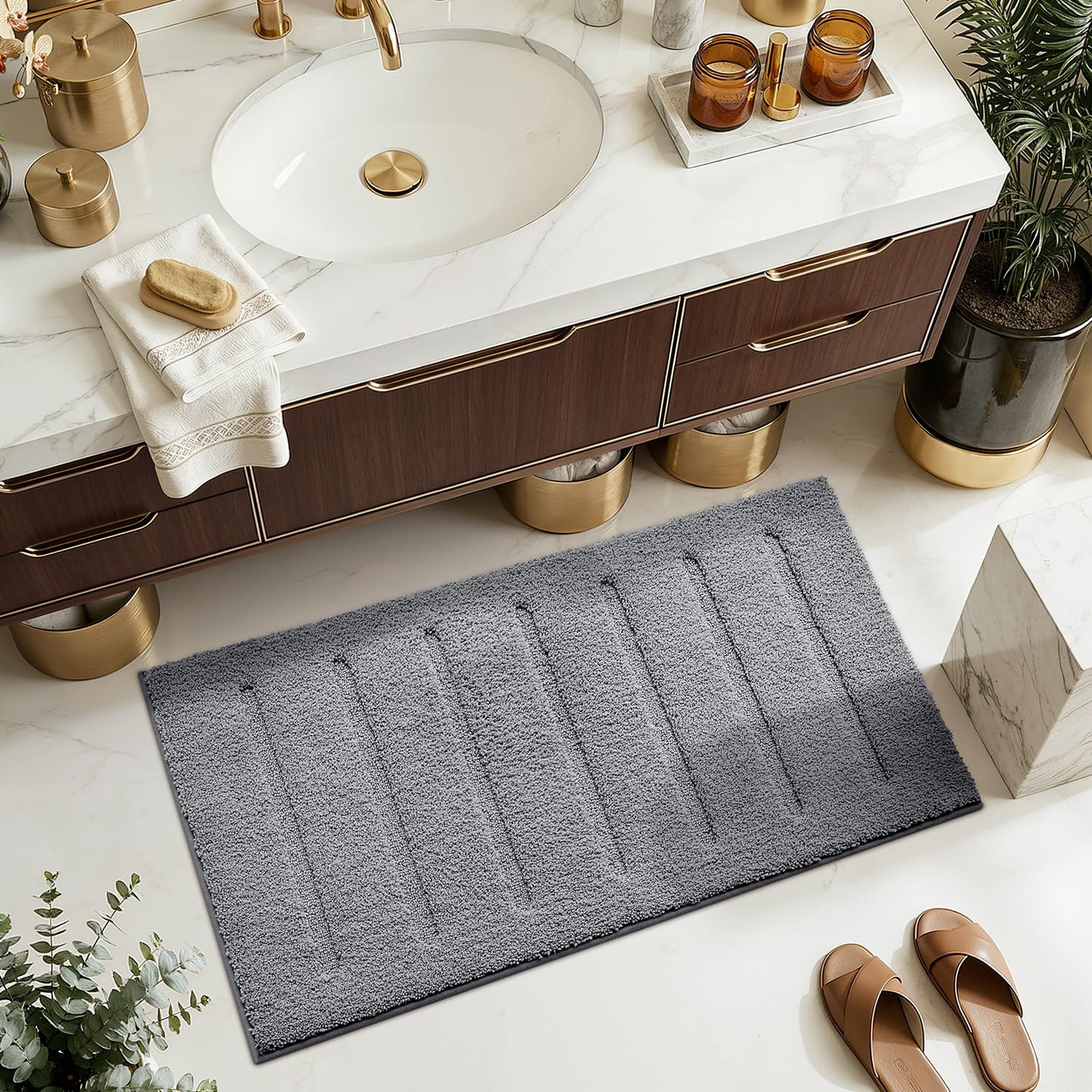 LUMI Non-Slip Skin-Friendly Bathroom Rugs, Hotel Quality Bath Mats for Bathroom, Washable Fluffy Shower Mat, Minimalist Luxury Striped Style,Ideal for Floor, Shower Tub, Entryway, 17"x30", Beige