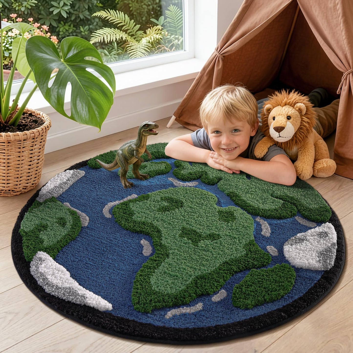 LUMI Round High Pile Earth Globe Bathroom Rug