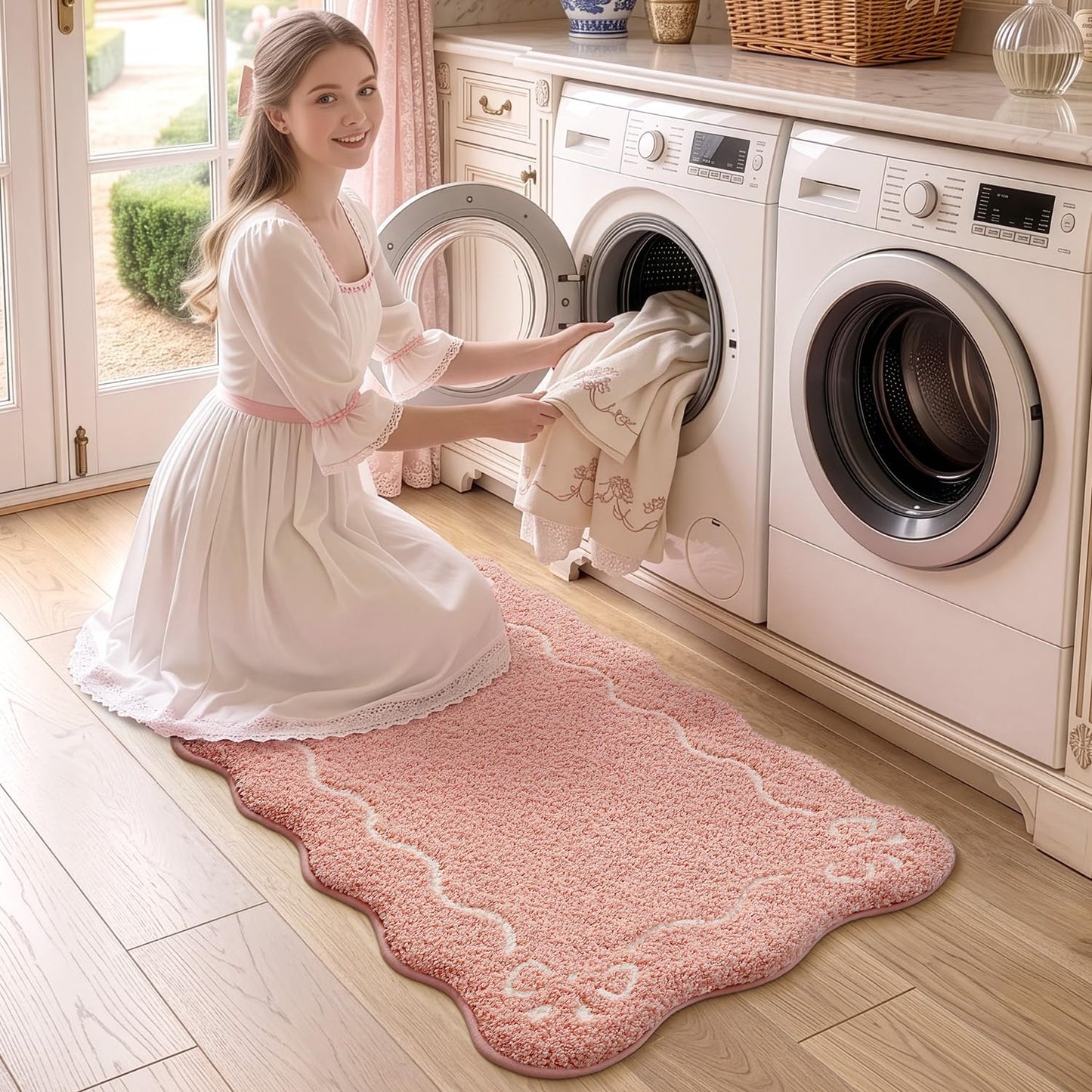 LUMI Scalloped Bathroom Rug, Cute Plush Microfiber Bath Mat, Super Absorbent & Quick Dry Shower Mat, Machine Washable Floor Carpet for Tub