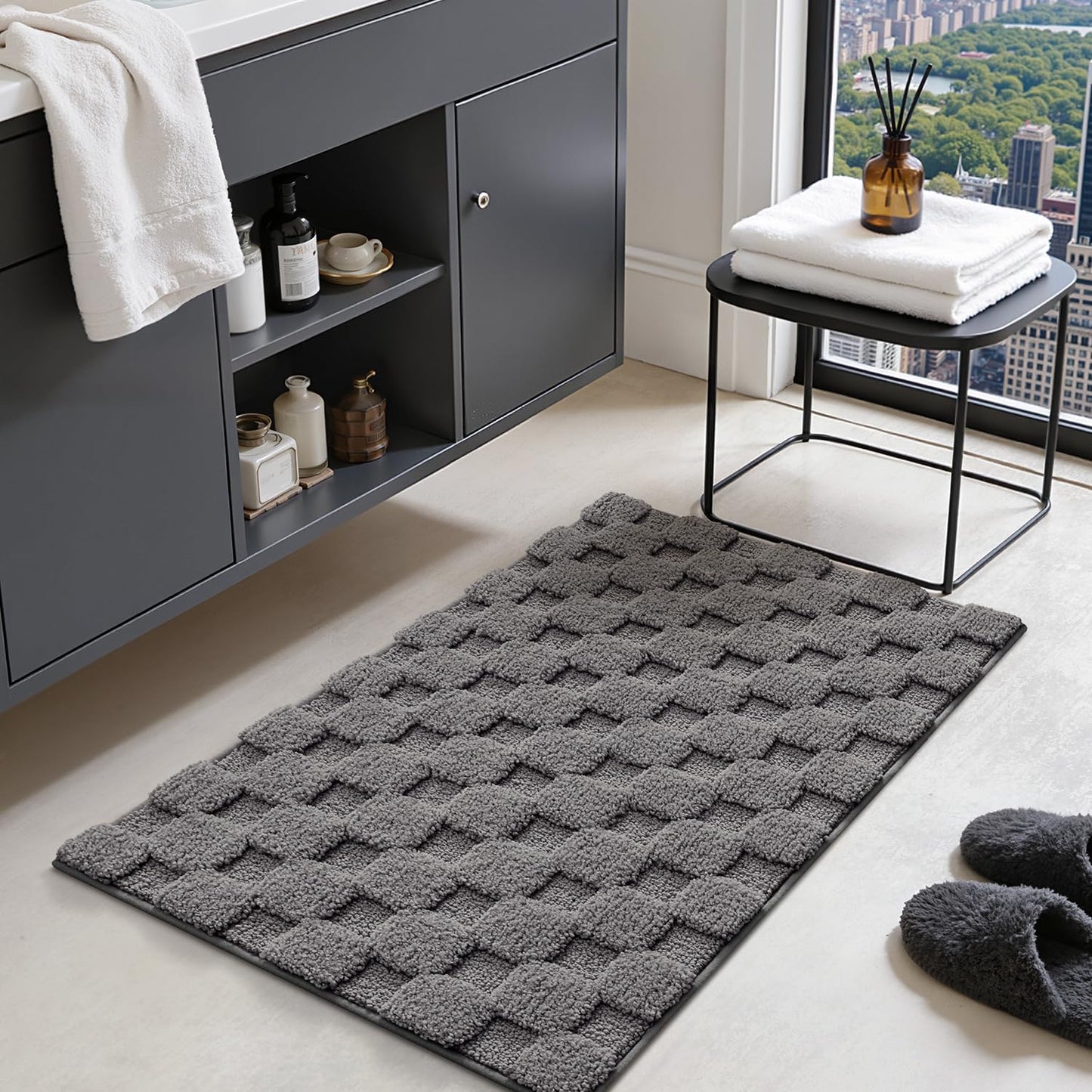 LUMI Non Slip Checkered Bathroom Rugs, Absorbent Waffle Mat, Beige, 16x24