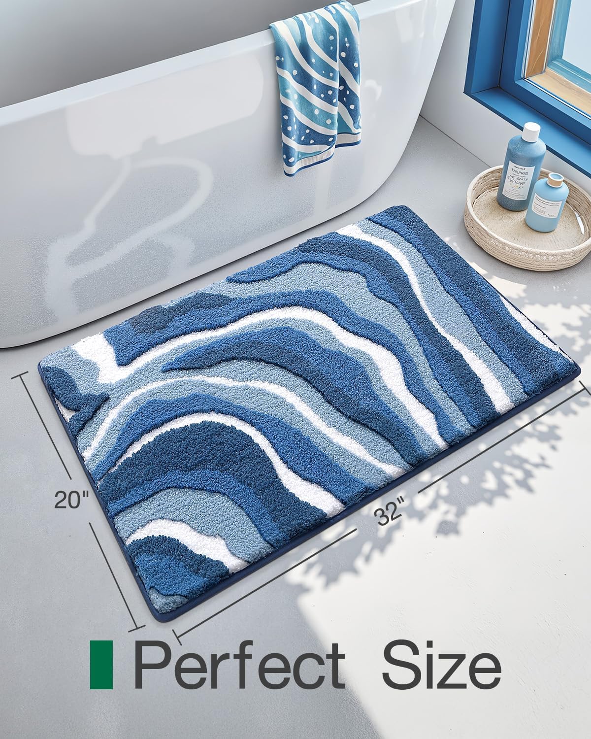 LUMI Wave Bathroom Rug, Non Slip Rubber Backing, Absorbent Microfiber, Machine Washable, Quick Dry for Bathtub/Shower