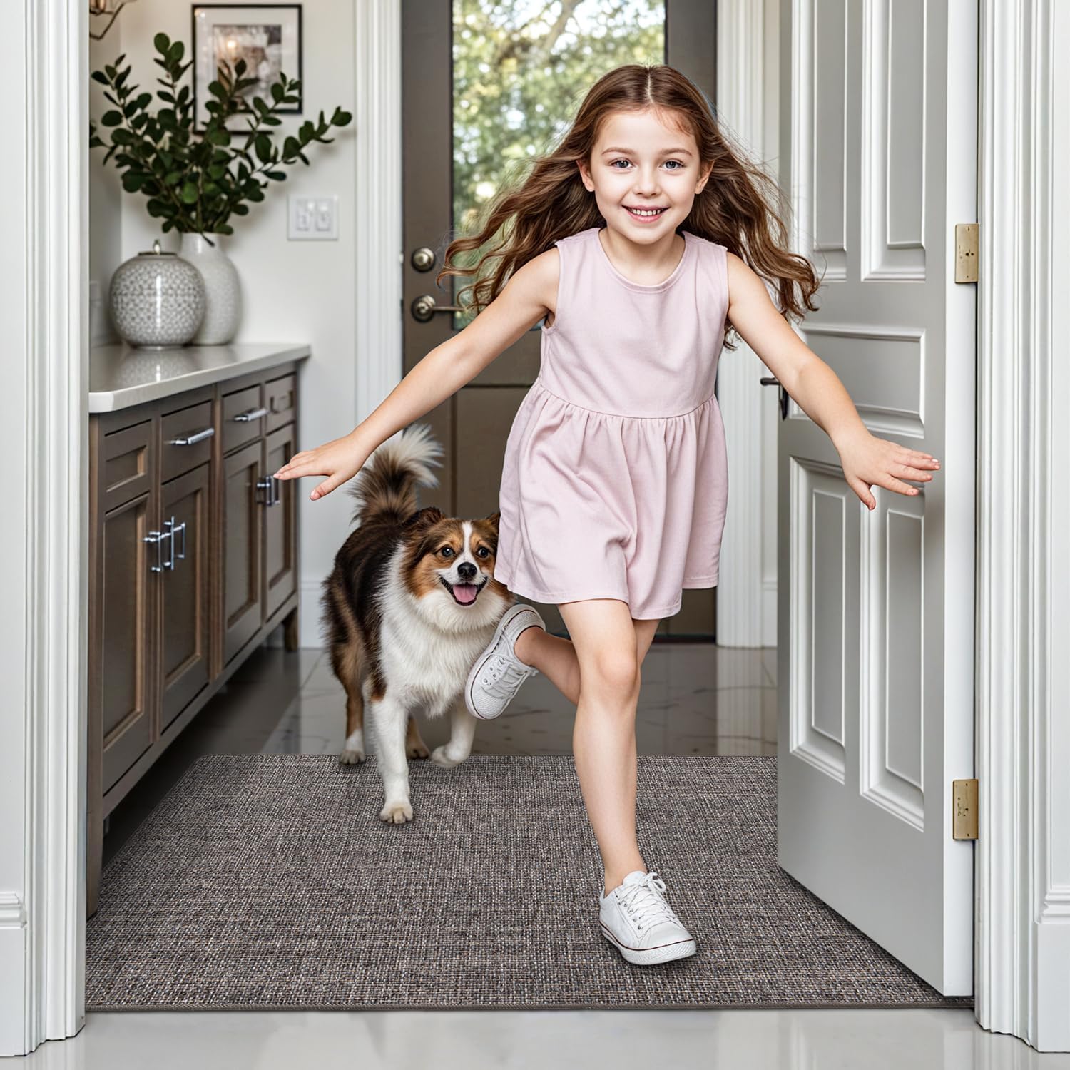 LUMI Ultra Thin Entryway Door Mat, Low Profile Non Slip Rubber Backing, Easy Clean, Brown, for Indoor/Patio